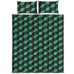 Dark Green Geometric Cube Pattern Print Quilt Bed Set