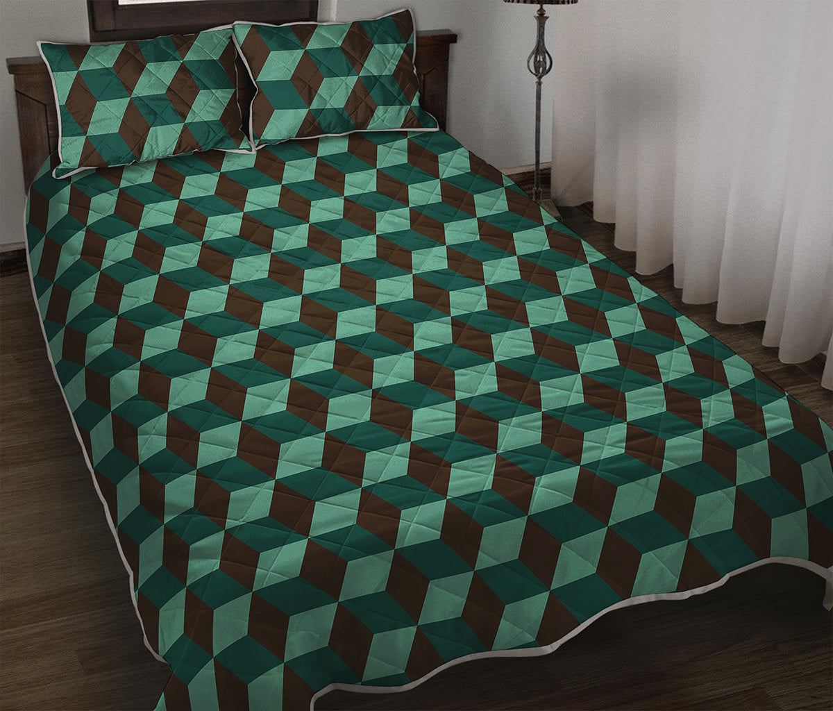 Dark Green Geometric Cube Pattern Print Quilt Bed Set