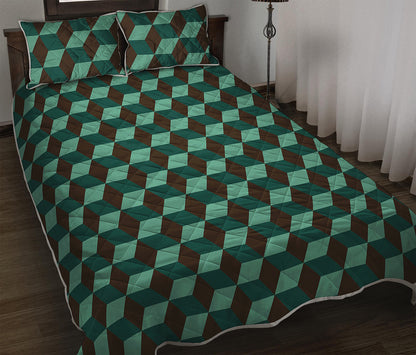 Dark Green Geometric Cube Pattern Print Quilt Bed Set