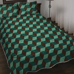 Dark Green Geometric Cube Pattern Print Quilt Bed Set