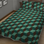 Dark Green Geometric Cube Pattern Print Quilt Bed Set