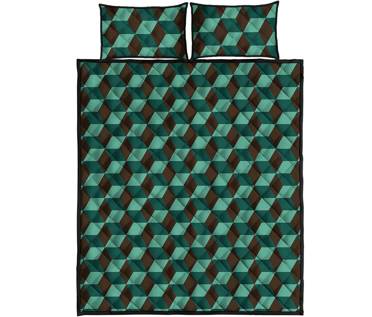 Dark Green Geometric Cube Pattern Print Quilt Bed Set