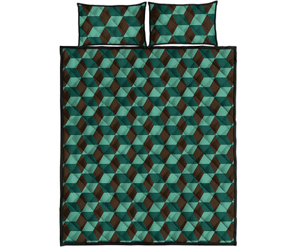 Dark Green Geometric Cube Pattern Print Quilt Bed Set