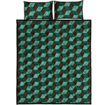 Dark Green Geometric Cube Pattern Print Quilt Bed Set