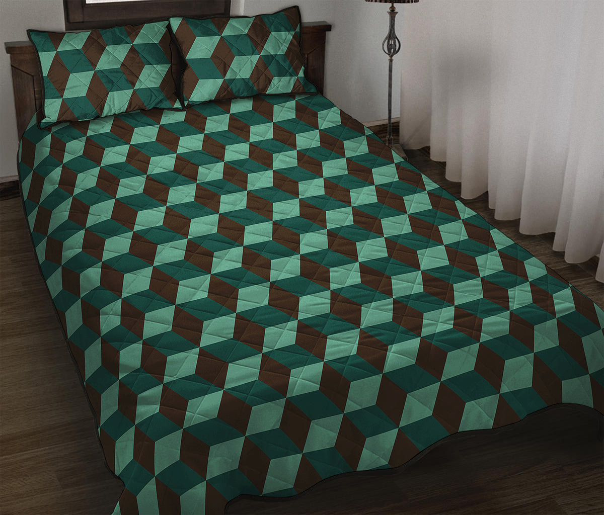Dark Green Geometric Cube Pattern Print Quilt Bed Set