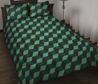 Dark Green Geometric Cube Pattern Print Quilt Bed Set