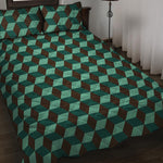 Dark Green Geometric Cube Pattern Print Quilt Bed Set