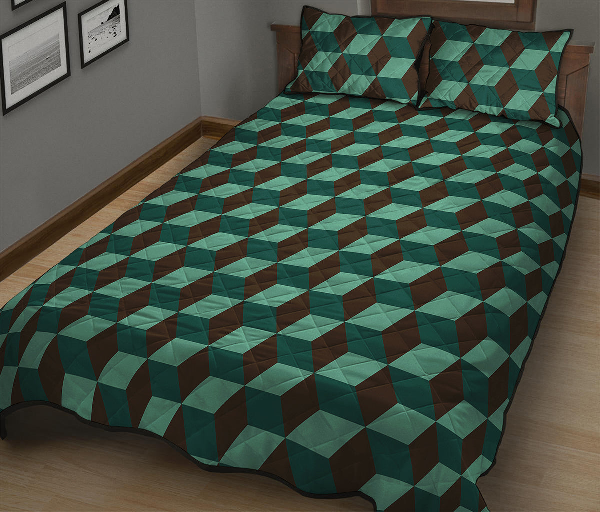 Dark Green Geometric Cube Pattern Print Quilt Bed Set