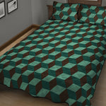 Dark Green Geometric Cube Pattern Print Quilt Bed Set