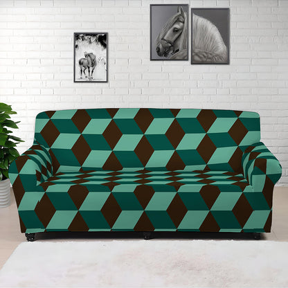 Dark Green Geometric Cube Pattern Print Sofa Cover