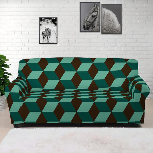 Dark Green Geometric Cube Pattern Print Sofa Cover