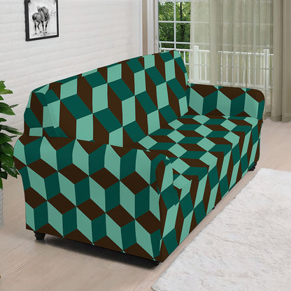 Dark Green Geometric Cube Pattern Print Sofa Cover
