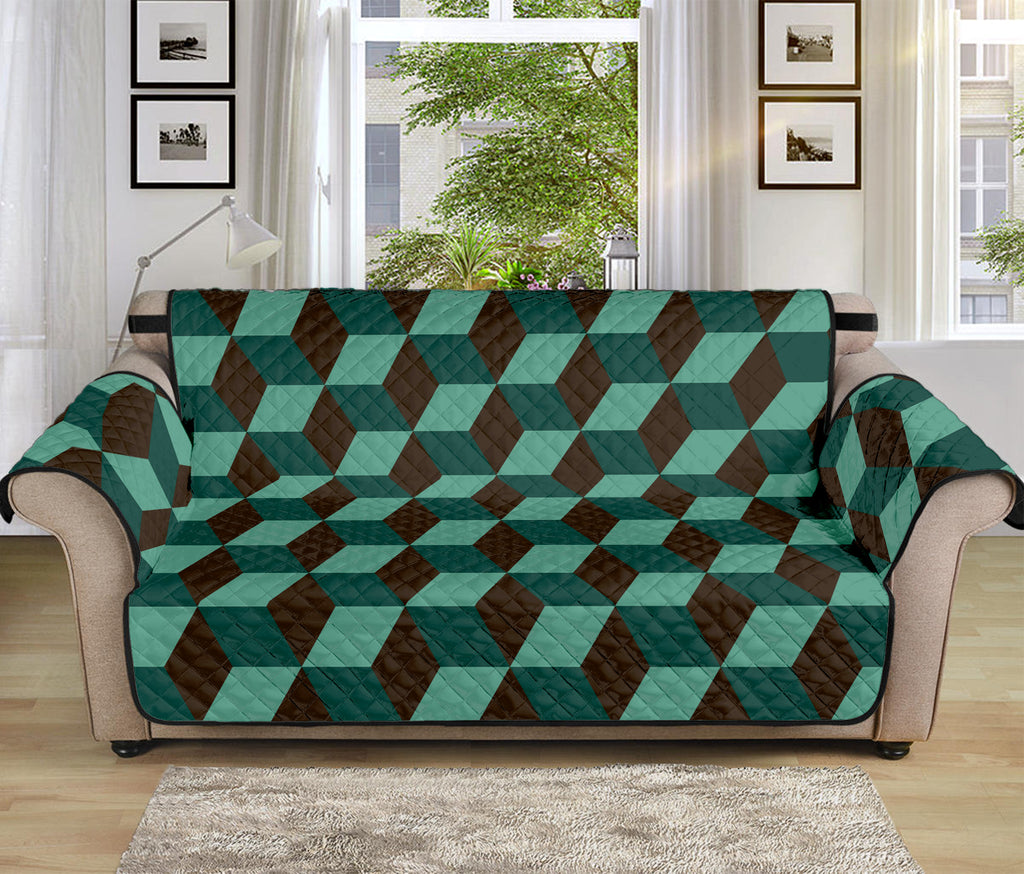 Dark Green Geometric Cube Pattern Print Sofa Protector