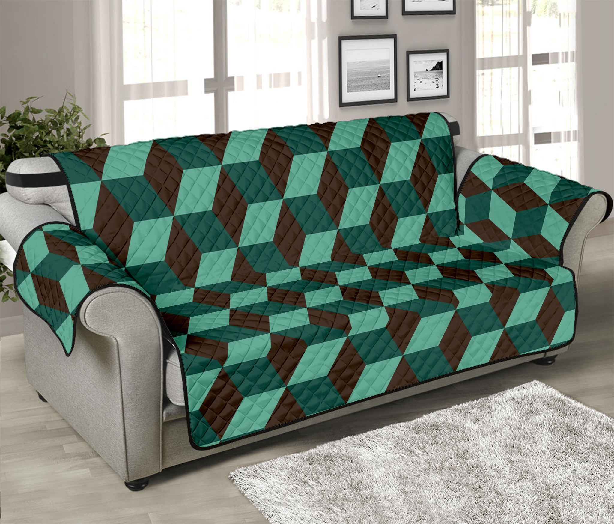 Dark Green Geometric Cube Pattern Print Sofa Protector