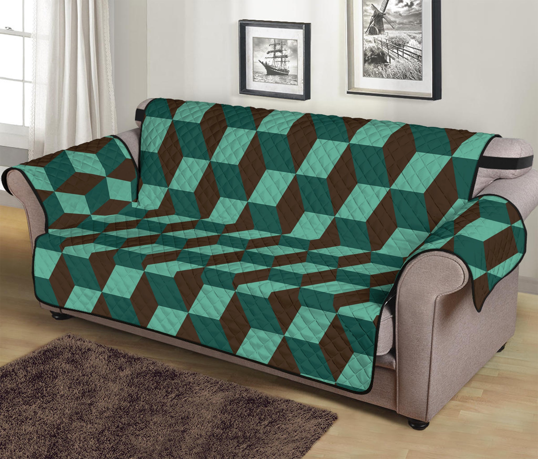 Dark Green Geometric Cube Pattern Print Sofa Protector