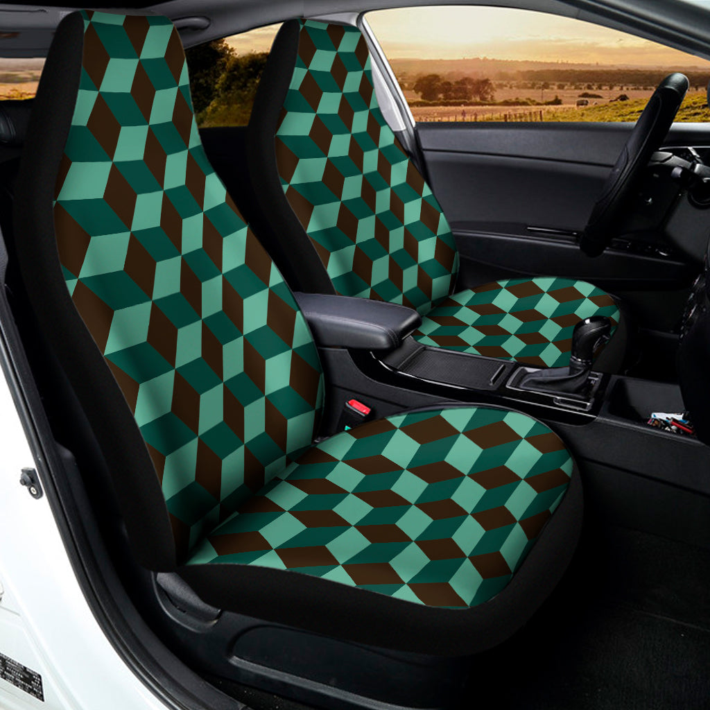 Dark Green Geometric Cube Pattern Print Universal Fit Car Seat Covers