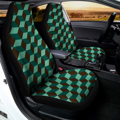 Dark Green Geometric Cube Pattern Print Universal Fit Car Seat Covers