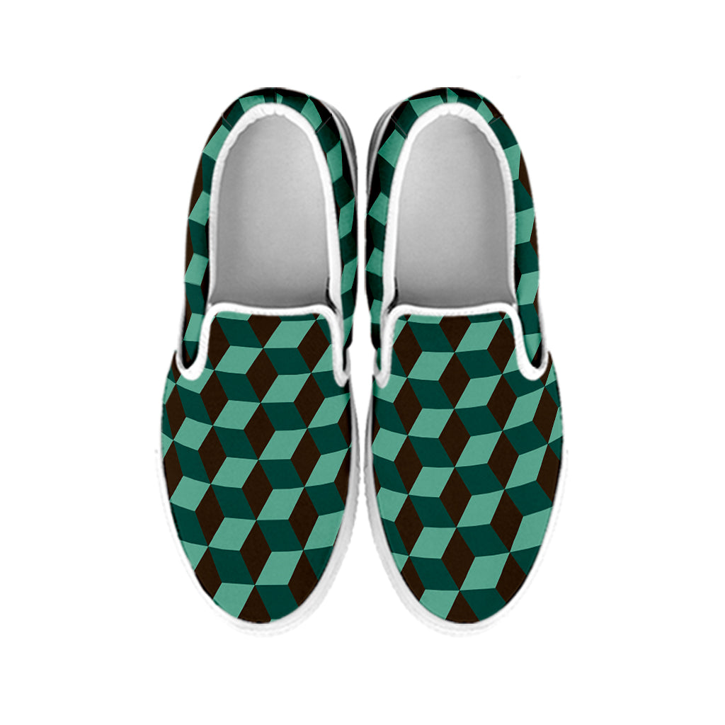 Dark Green Geometric Cube Pattern Print White Slip On Shoes