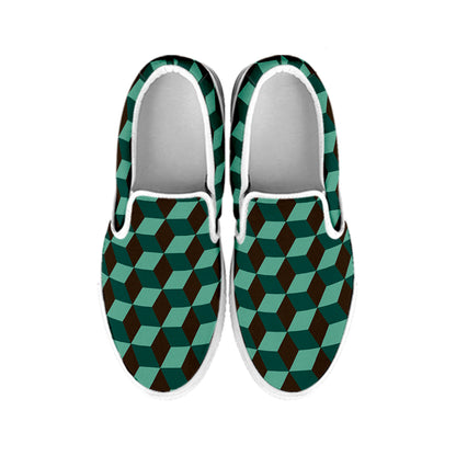 Dark Green Geometric Cube Pattern Print White Slip On Shoes