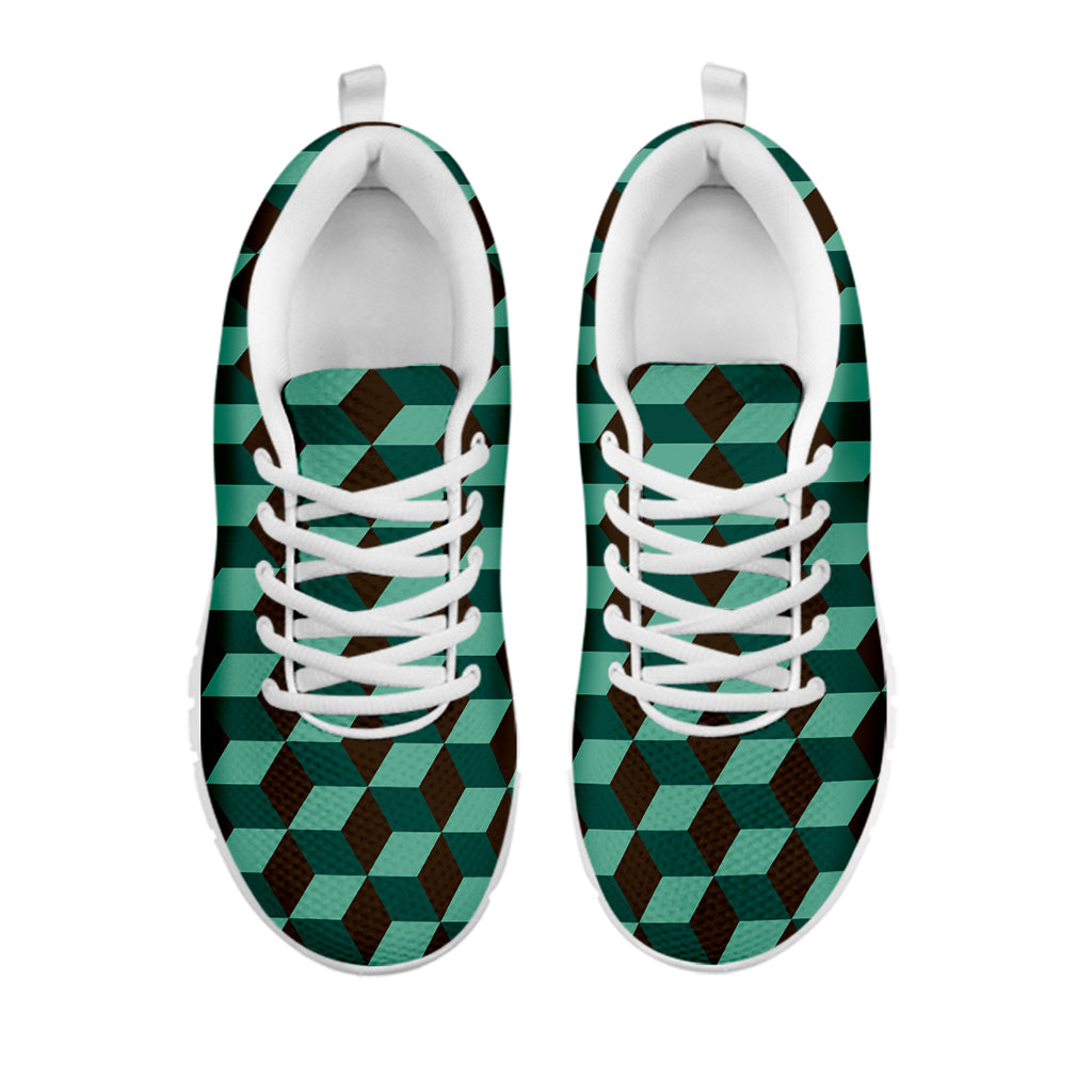 Dark Green Geometric Cube Pattern Print White Sneakers
