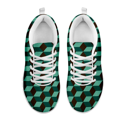 Dark Green Geometric Cube Pattern Print White Sneakers