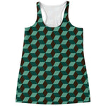 Dark Green Geometric Cube Pattern Print Women's Racerback Tank Top
