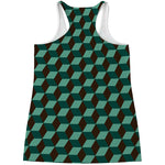 Dark Green Geometric Cube Pattern Print Women's Racerback Tank Top