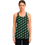 Dark Green Geometric Cube Pattern Print Women's Racerback Tank Top