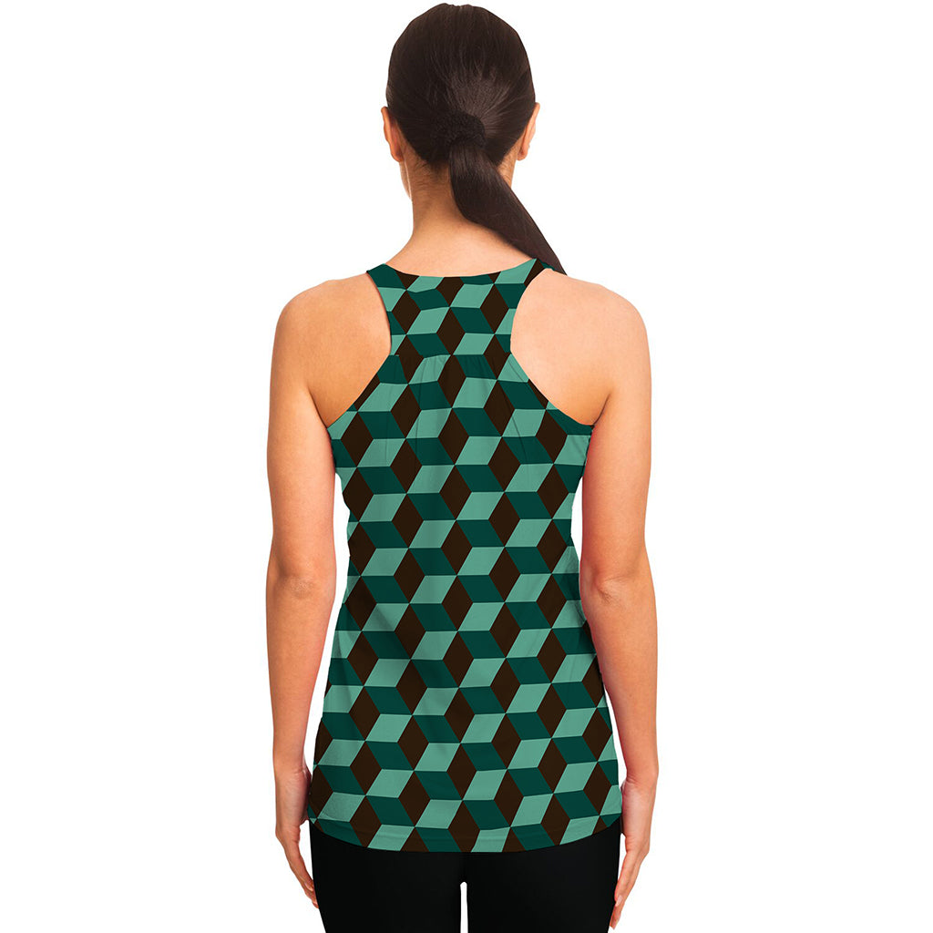 Dark Green Geometric Cube Pattern Print Women's Racerback Tank Top
