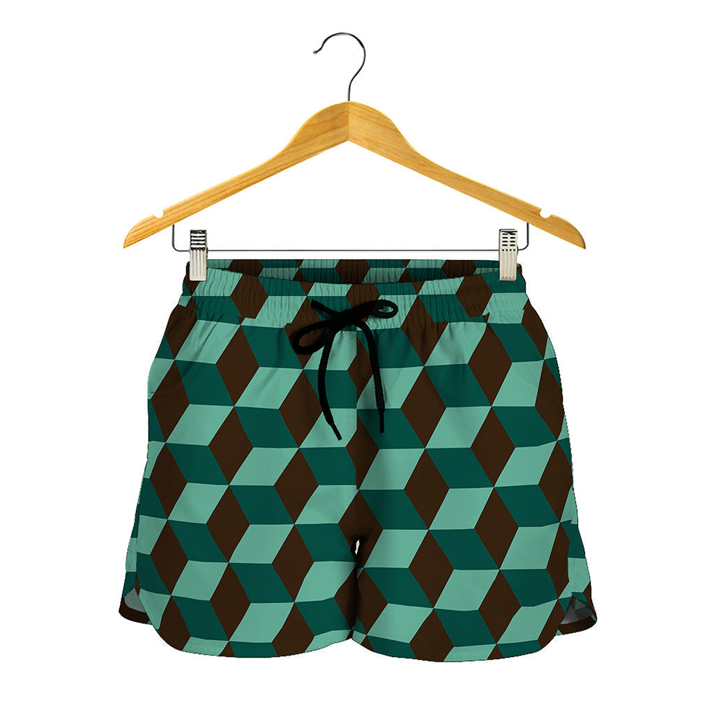Dark Green Geometric Cube Pattern Print Women's Shorts