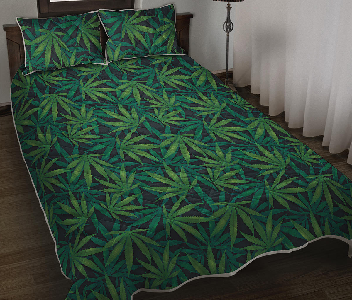Dark Green Hemp Pattern Print Quilt Bed Set