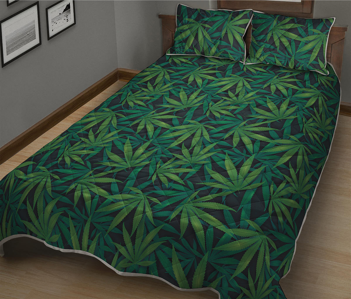 Dark Green Hemp Pattern Print Quilt Bed Set