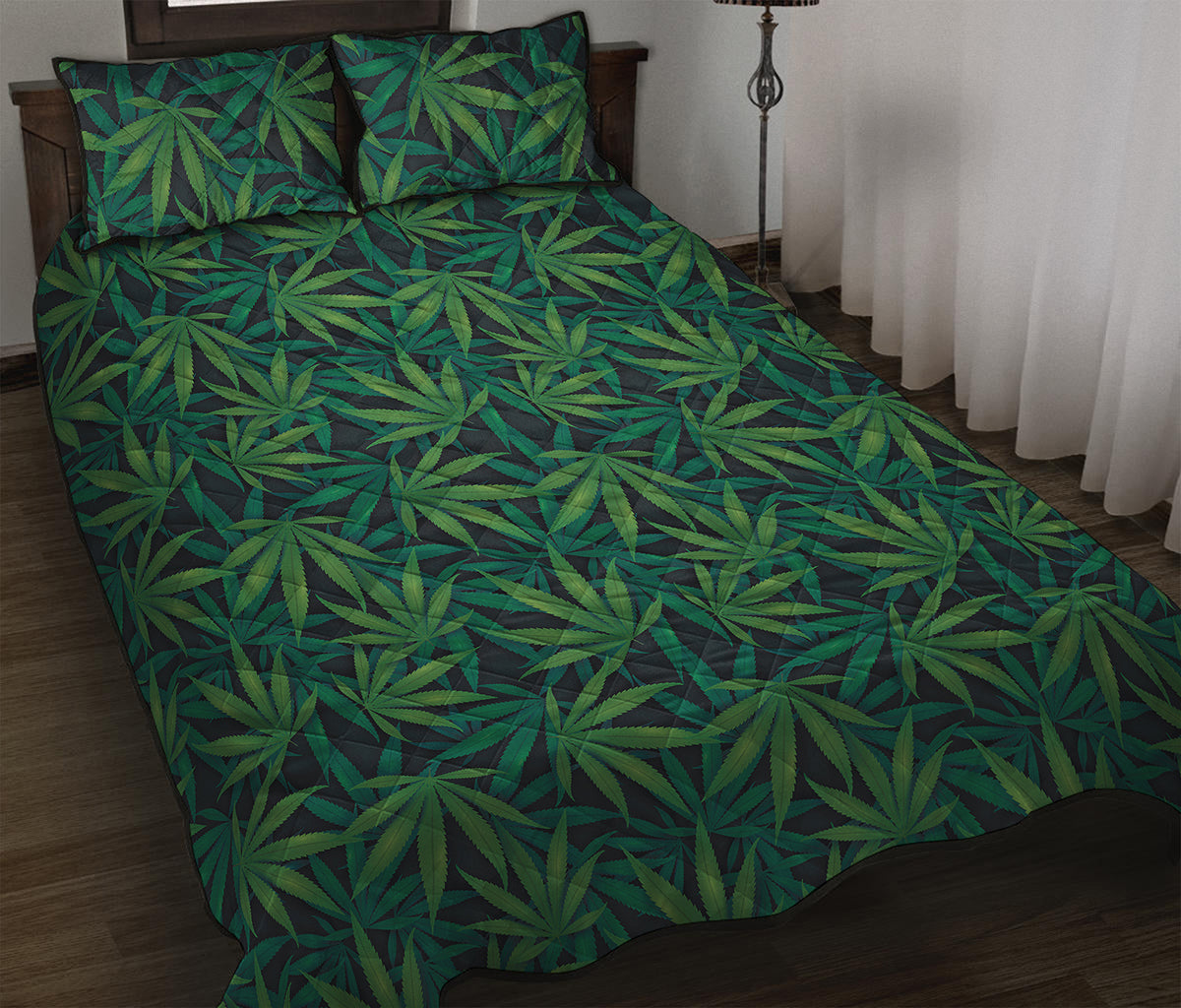 Dark Green Hemp Pattern Print Quilt Bed Set