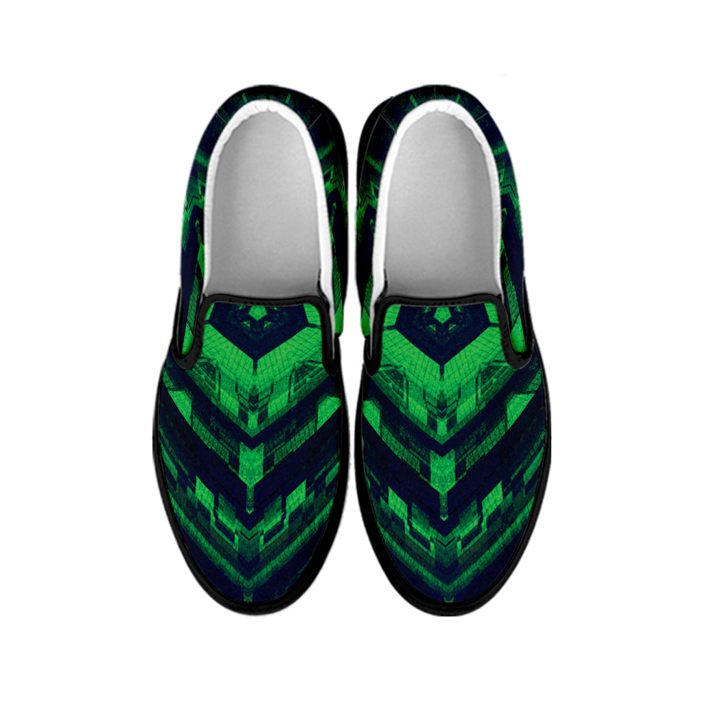 Dark Green Kaleidoscope Print Black Slip On Shoes