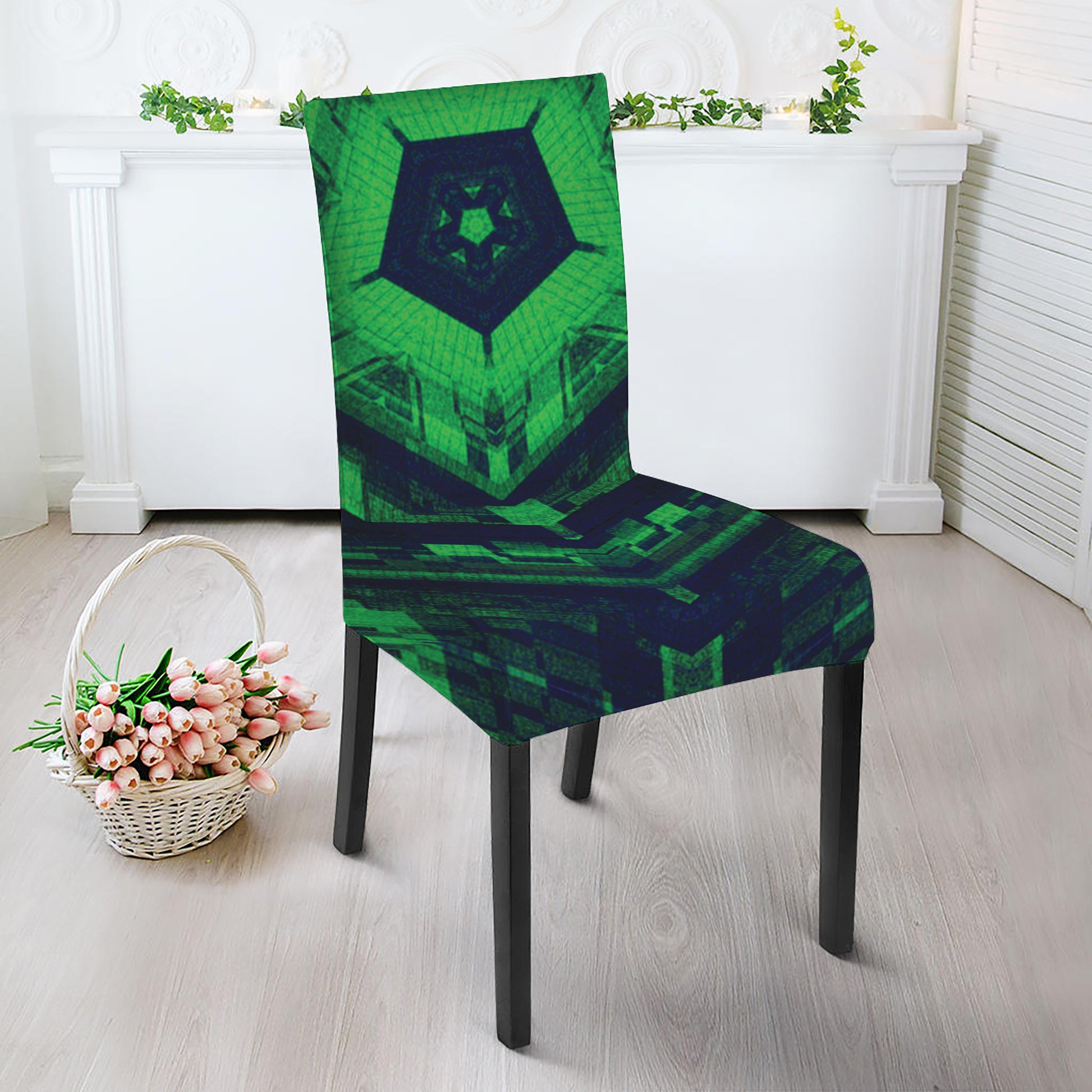 Dark Green Kaleidoscope Print Dining Chair Slipcover