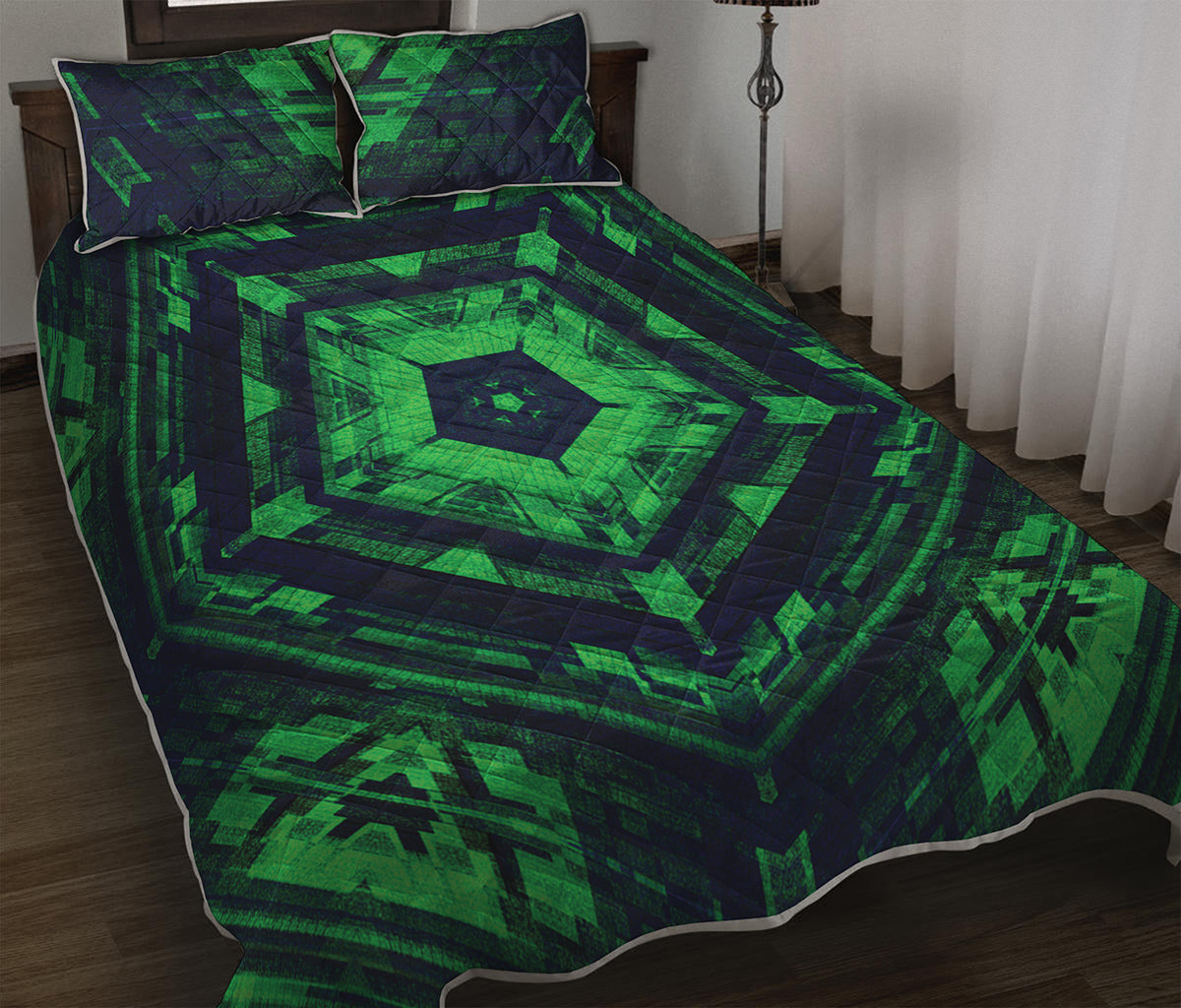 Dark Green Kaleidoscope Print Quilt Bed Set