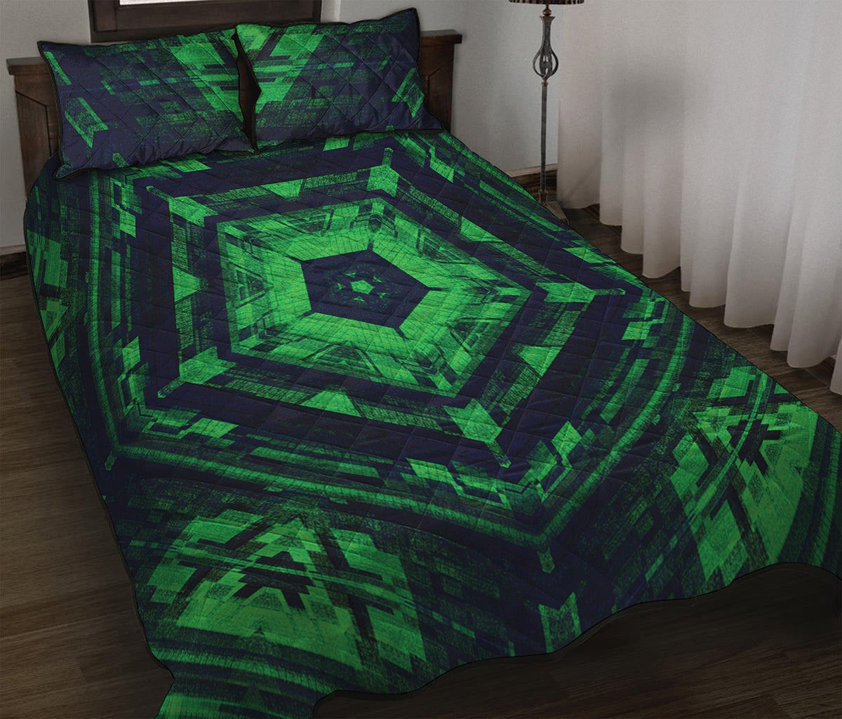 Dark Green Kaleidoscope Print Quilt Bed Set