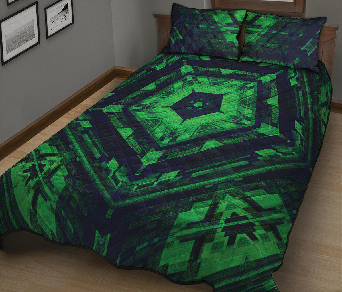 Dark Green Kaleidoscope Print Quilt Bed Set
