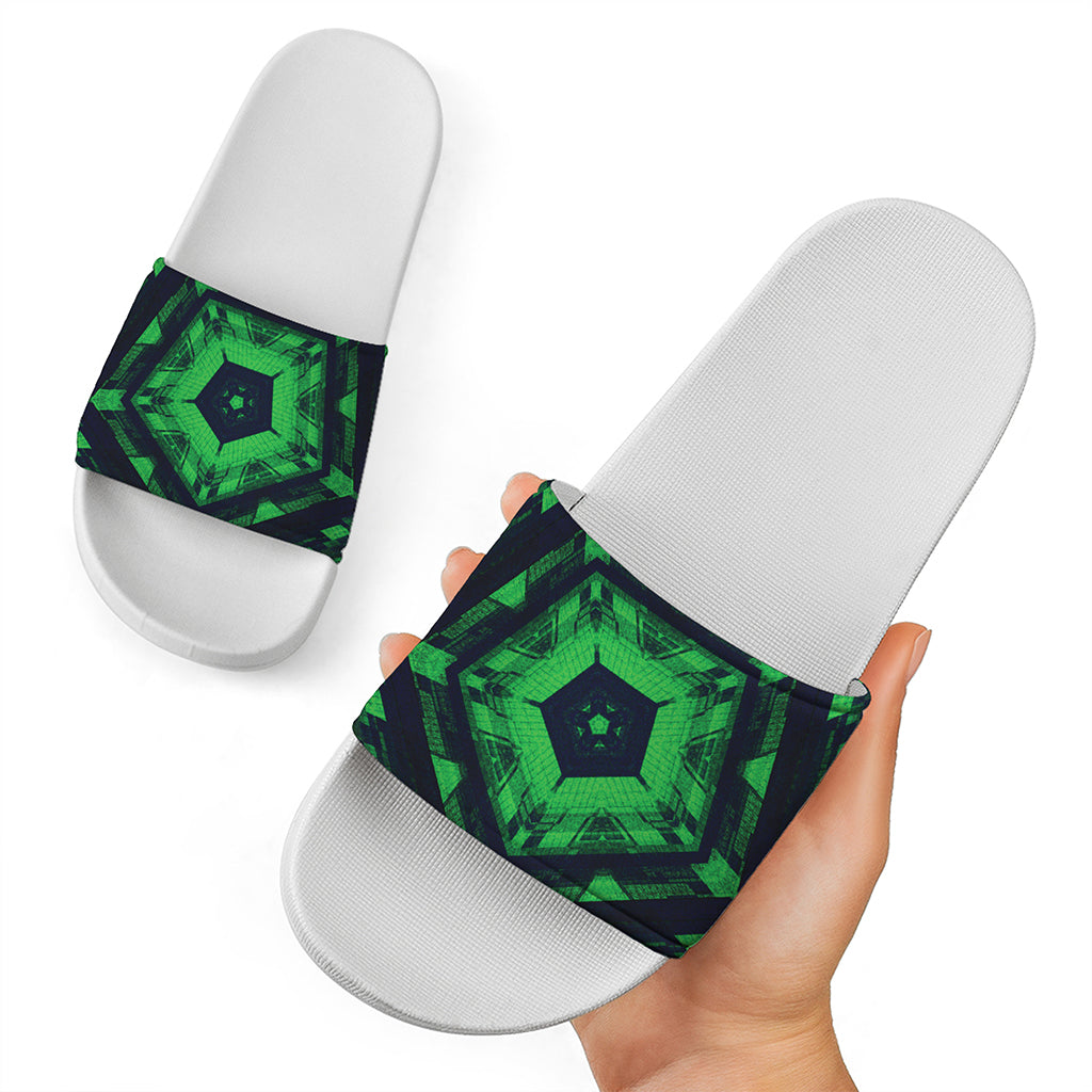 Dark Green Kaleidoscope Print White Slide Sandals
