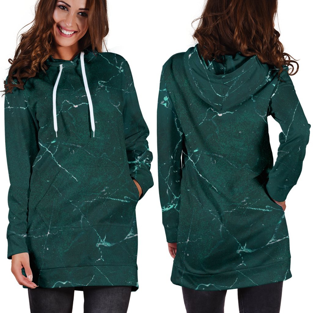 Dark Green Marble Print Hoodie Dress GearFrost