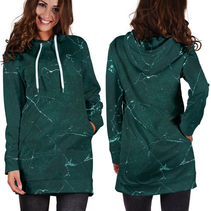 Dark Green Marble Print Hoodie Dress GearFrost