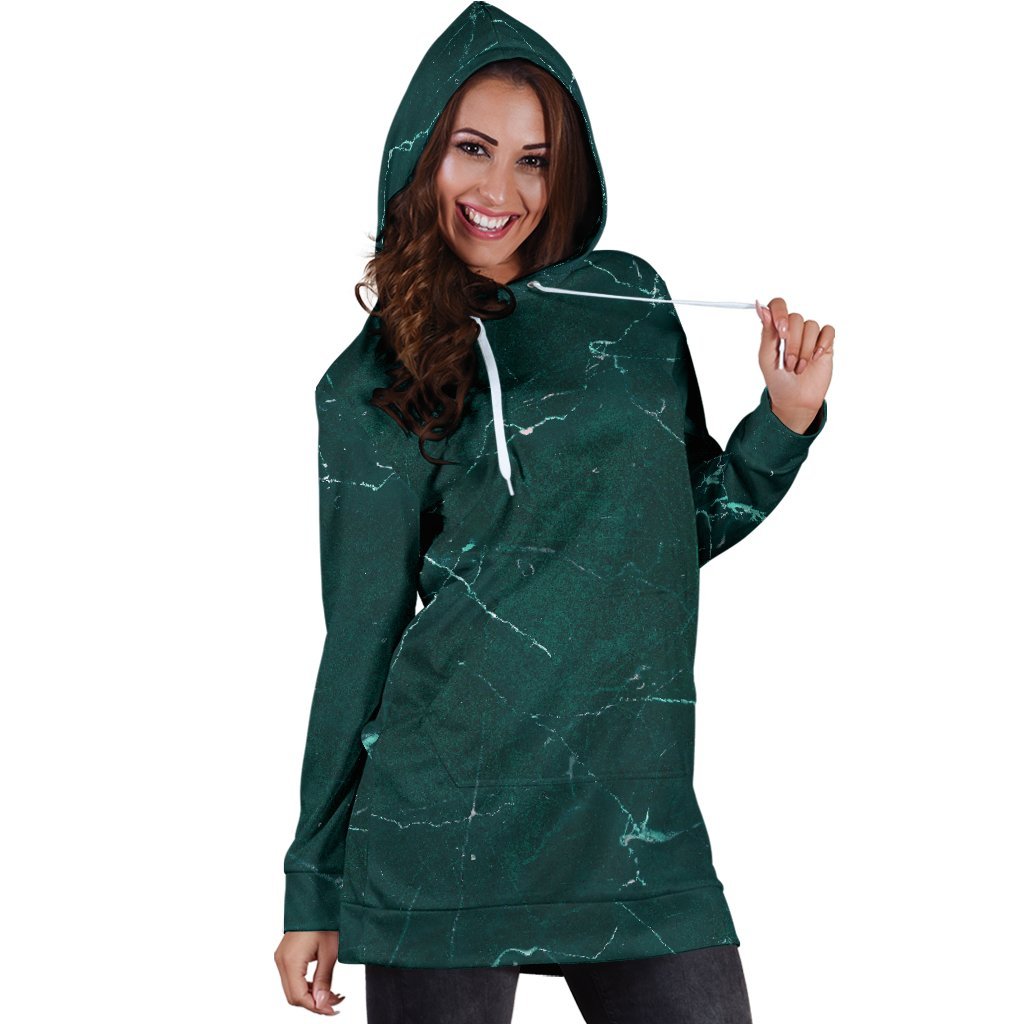 Dark Green Marble Print Hoodie Dress GearFrost