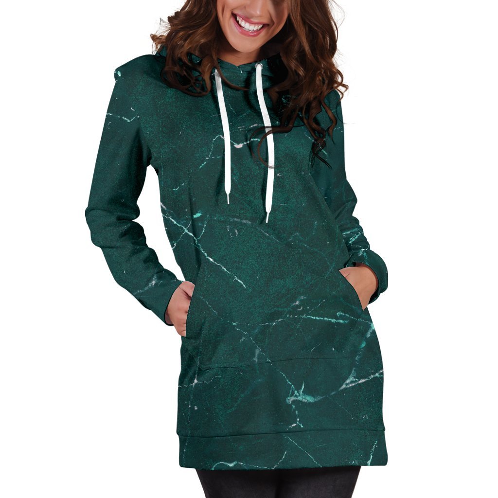 Dark Green Marble Print Hoodie Dress GearFrost