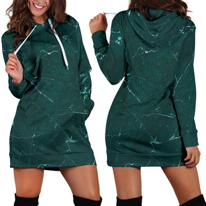 Dark Green Marble Print Hoodie Dress GearFrost