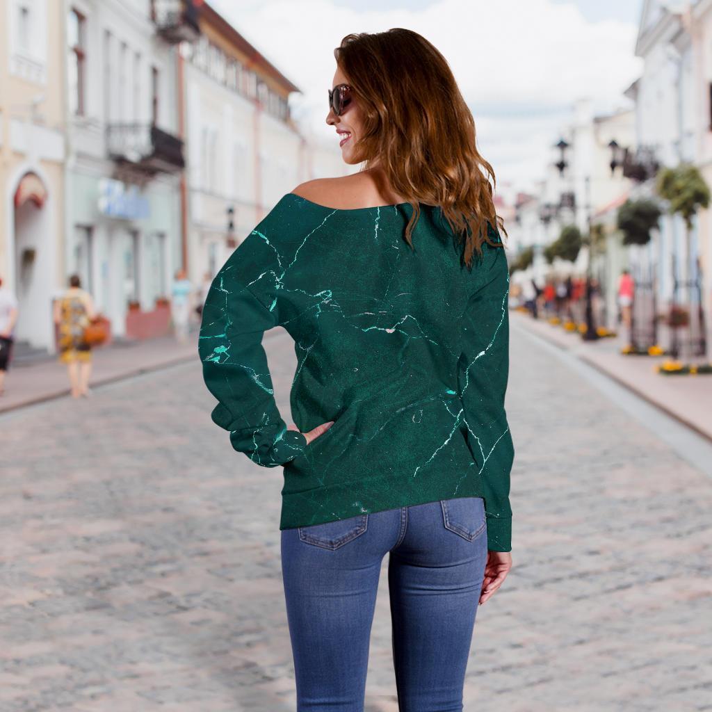 Dark Green Marble Print Off Shoulder Sweatshirt GearFrost