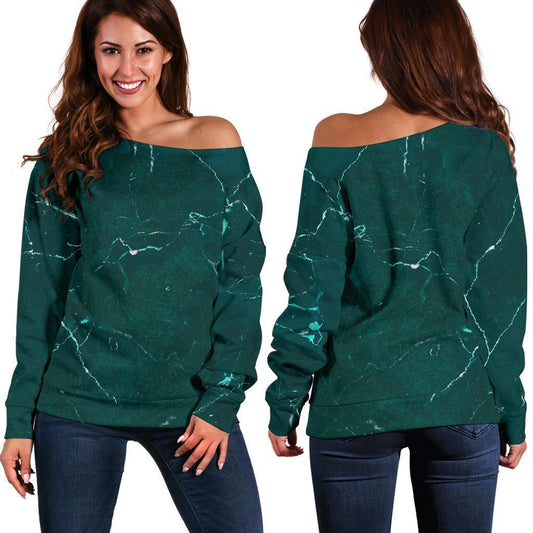 Dark Green Marble Print Off Shoulder Sweatshirt GearFrost
