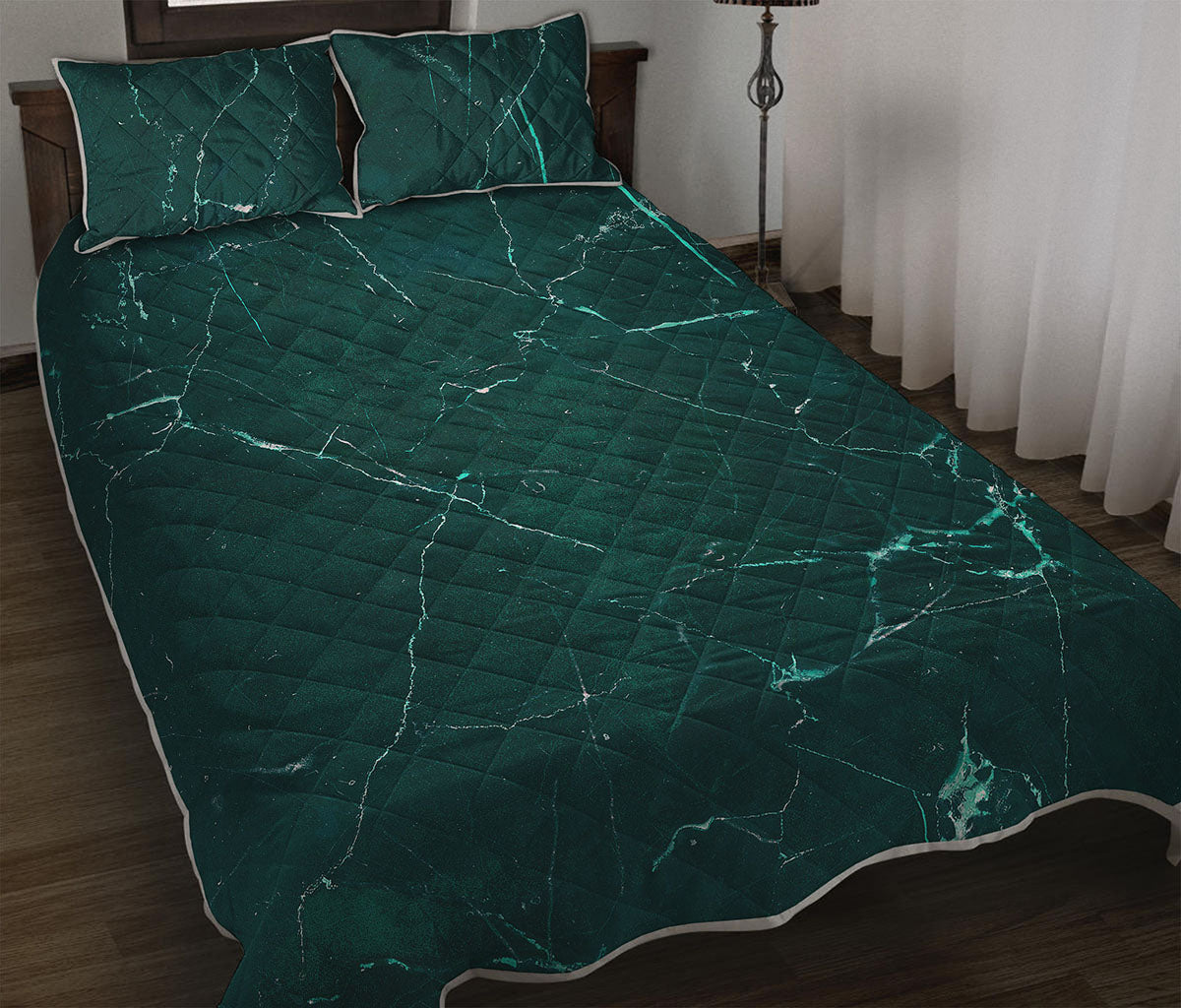 Dark Green Marble Print Quilt Bed Set