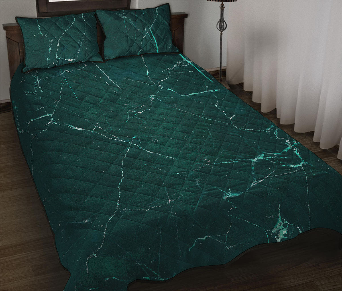 Dark Green Marble Print Quilt Bed Set