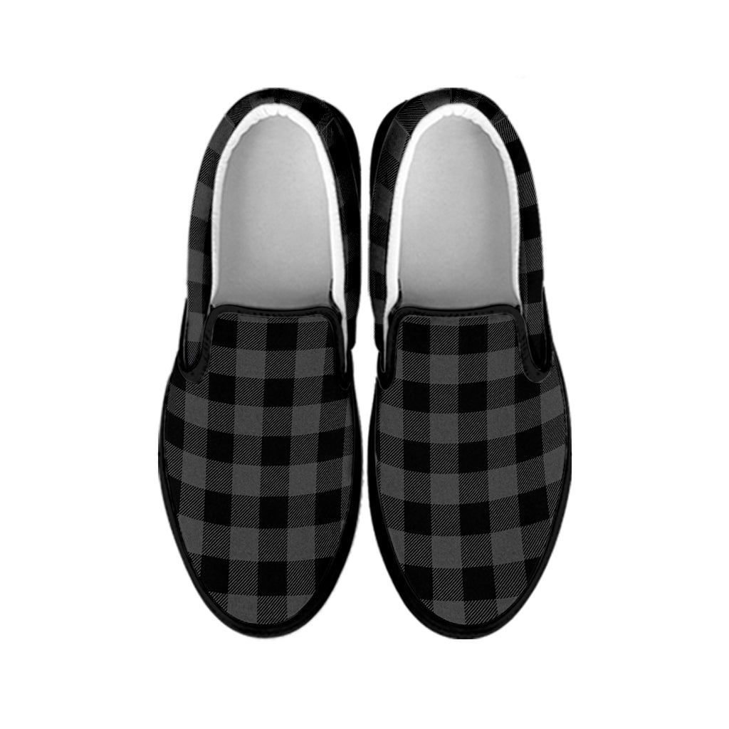 Dark Grey And Black Buffalo Check Print Black Slip On Shoes