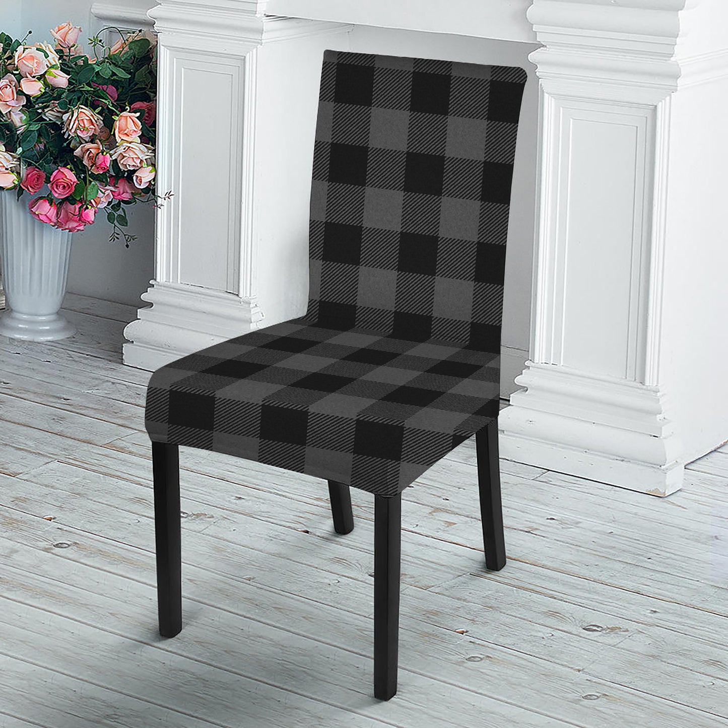Dark Grey And Black Buffalo Check Print Dining Chair Slipcover